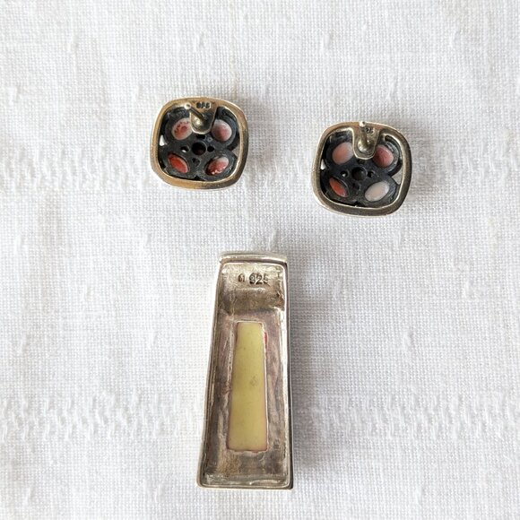 MOP & Sterling Pendant & Earrings with 19" Italy Figaro Chain - Picture 7 of 12